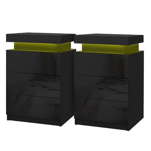 Artiss 2X Bedside Table LED 3 Drawers - COLEY Black