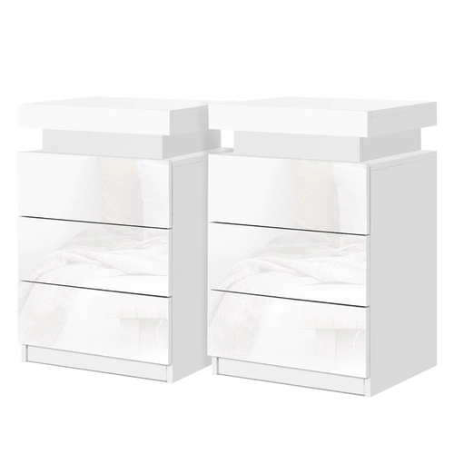 Artiss 2X Bedside Table LED 3 Drawers - COLEY White