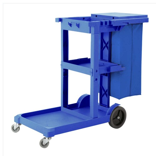3 Tier Multifunction Janitor Cleaning Waste Cart Trolley and Waterproof Bag with Lid Blue
