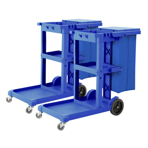 2X 3 Tier Multifunction Janitor Cleaning Waste Cart Trolley and Waterproof Bag with Lid Blue