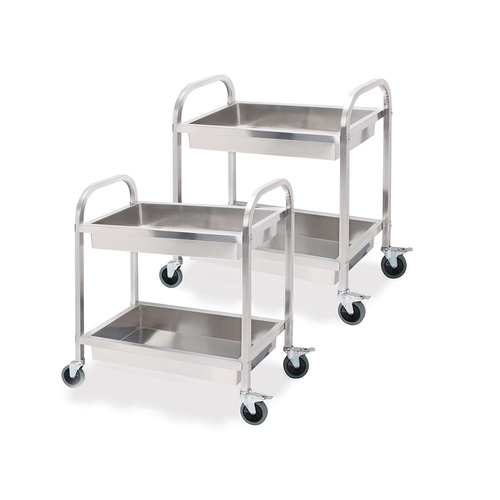 2X 2 Tier 95x50x95cm Stainless Steel Kitchen Trolley Bowl Collect Service FoodCart Large