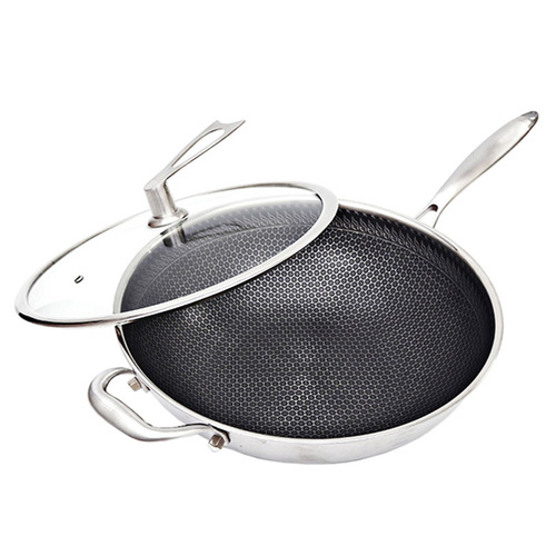 34cm Stainless Steel Tri-Ply Frying Cooking Fry Pan Textured Non Stick Skillet with Glass Lid and Helper Handle