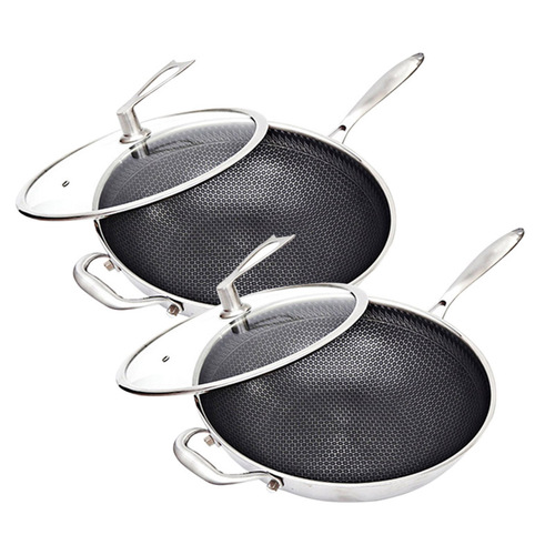 2X 34cm Stainless Steel Tri-Ply Frying Cooking Fry Pan Textured Non Stick Skillet with Glass Lid and Helper Handle