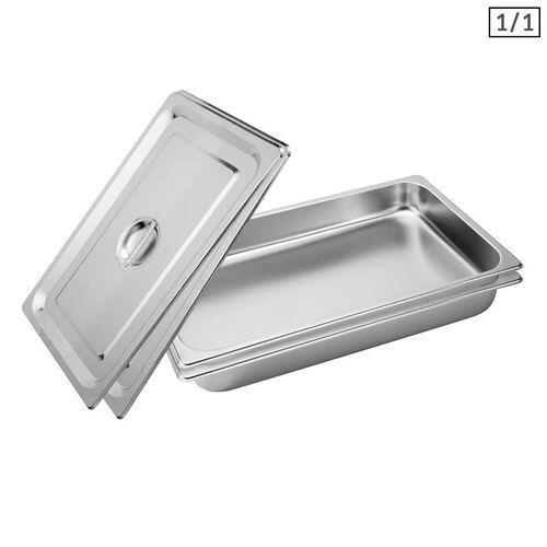  2X Gastronorm GN Pan Full Size 1/1 GN Pan 6.5cm Deep Stainless Steel Tray With Lid