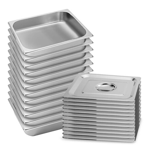 12X Gastronorm GN Pan Full Size 1/2 GN Pan 6.5cm Deep Stainless Steel Tray with Lid