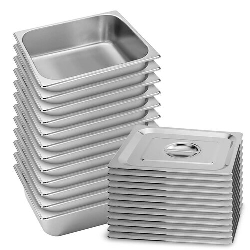12X Gastronorm GN Pan Full Size 1/2 GN Pan 10cm Deep Stainless Steel Tray With Lid