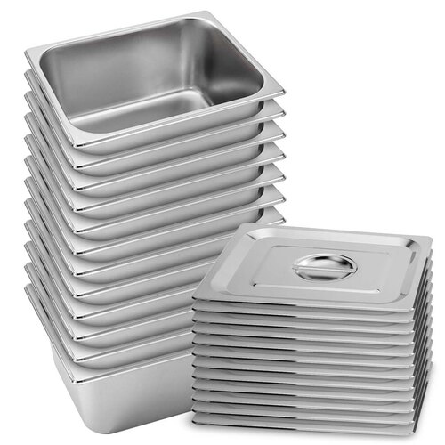 12X Gastronorm GN Pan Full Size 1/2 GN Pan 15cm Deep Stainless Steel Tray With Lid