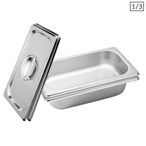 2X Gastronorm GN Pan Full Size 1/3 GN Pan 6.5 cm Deep Stainless Steel Tray With Lid