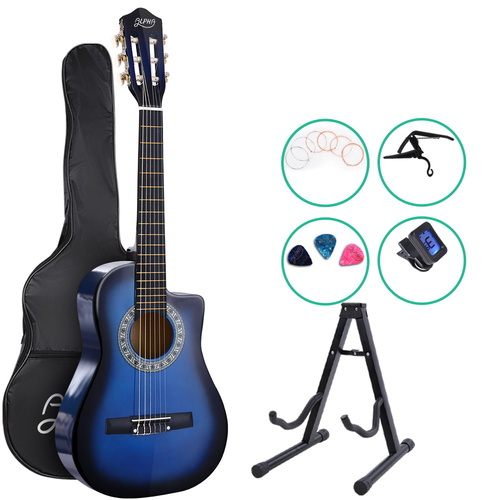 34" Inch Guitar Classical Acoustic Cutaway Wooden Ideal Kids Gift Children 1/2 Size Blue with Capo Tuner