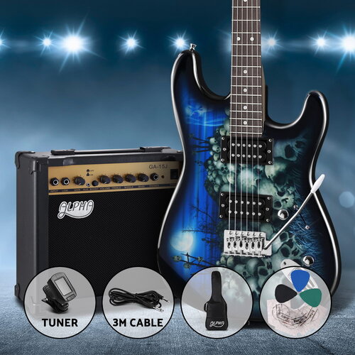 Alpha Electric Guitar And AMP Music String Instrument Rock Blue Carry Bag Steel String