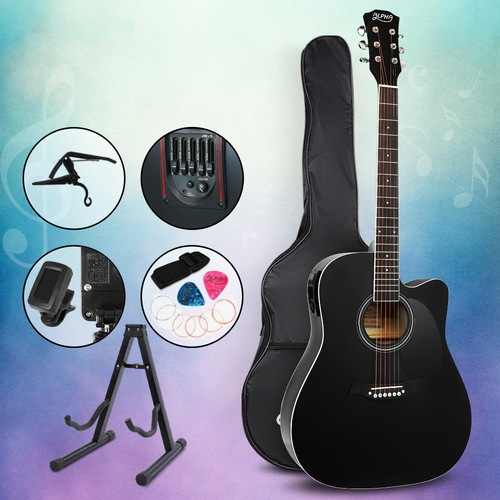 Alpha 41" Inch Electric Acoustic Guitar Wooden Classical Full Size EQ Capo Black