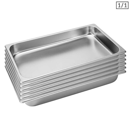 6X Gastronorm GN Pan Full Size 1/1 GN Pan 6.5cm Deep Stainless Steel Tray