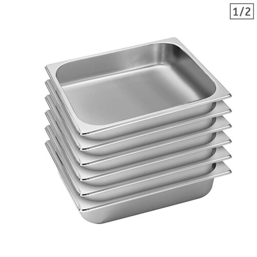 6X Gastronorm GN Pan Full Size 1/2 GN Pan 6.5cm Deep Stainless Steel Tray