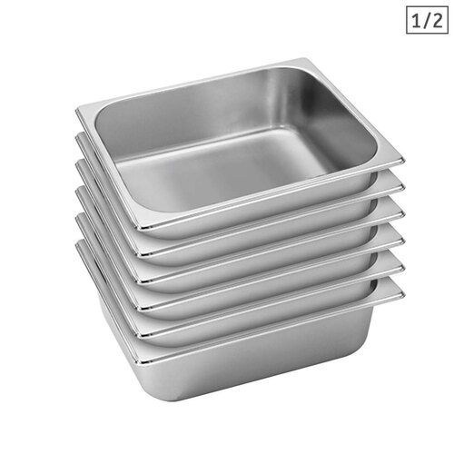6X Gastronorm GN Pan Full Size 1/2 GN Pan 10cm Deep Stainless Steel Tray