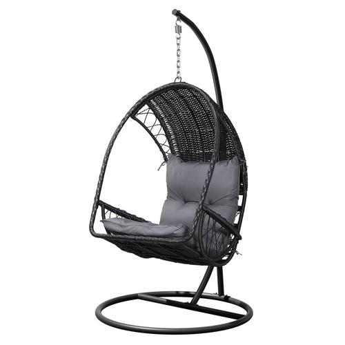 Outdoor Egg Swing Chair with Stand Cushion Wicker Armrest Black