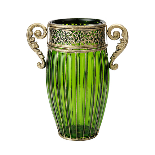  Green European Colored Glass Home Decor Jar Flower Vase with Two Metal Handle