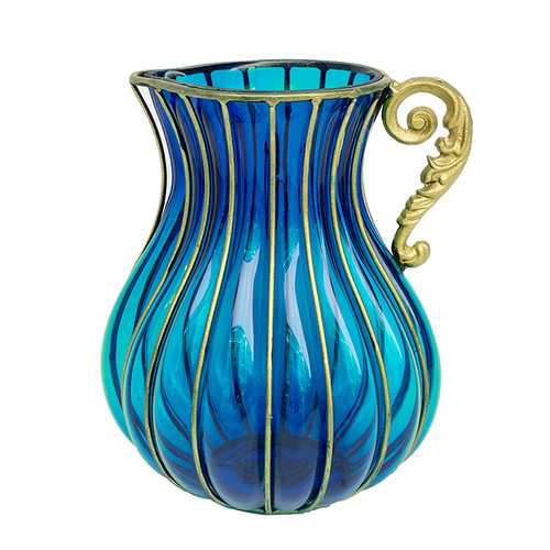  Blue European Colored Glass Home Decor Jar Flower Vase with Metal Handle