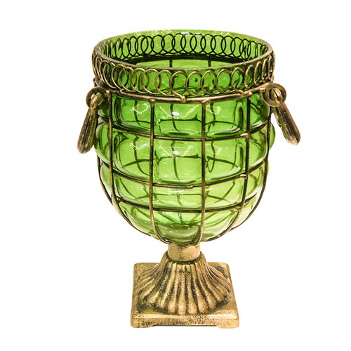 Green Colored European Glass Jar Flower Vase Solid Base with Metal Handle