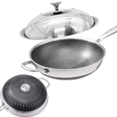 304 Stainless Steel Non-Stick Stir Fry Cooking Kitchen Wok Pan with Lid Honeycomb Double Sided