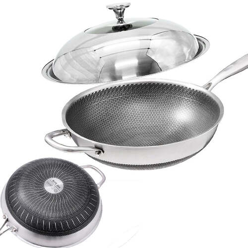 304 Stainless Steel Non-Stick Stir Fry Cooking Kitchen Honeycomb Wok Pan with Lid