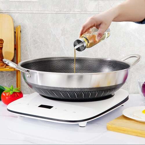 304 Stainless Steel Non-Stick Stir Fry Cooking Double Ear Kitchen Wok Pan with Lid Honeycomb Double Sided
