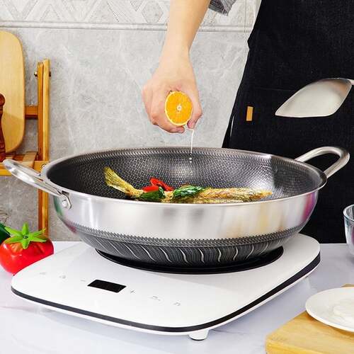 304 Stainless Steel Double Ear Non-Stick Stir Fry Cooking Kitchen Wok Pan Without Lid Honeycomb Double Sided