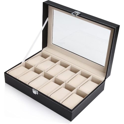 Black PU Leather Watch Organizer Display Storage Box Cases for Men & Women
