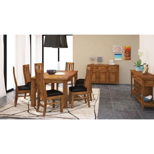 Birdsville Dining Set Table 6 PU Seat Chair Solid Mt Ash Wood - Brown