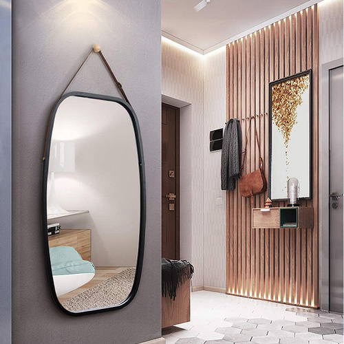 Bathroom Wall Mount Hanging Bamboo Frame Mirror Adjustable Strap Wall Mirror Home Decor