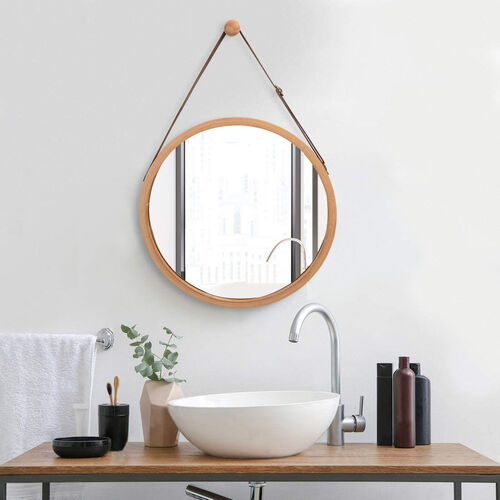 Hanging Round Wall Mirror Solid Bamboo Frame and Adjustable Leather Strap for Bathroom and Bedroom