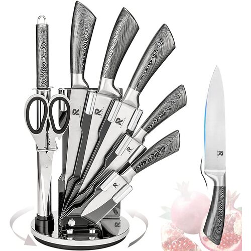 Kitchen Knife Block Set 8 Stainless Steel Knives with Wooden Color Handle