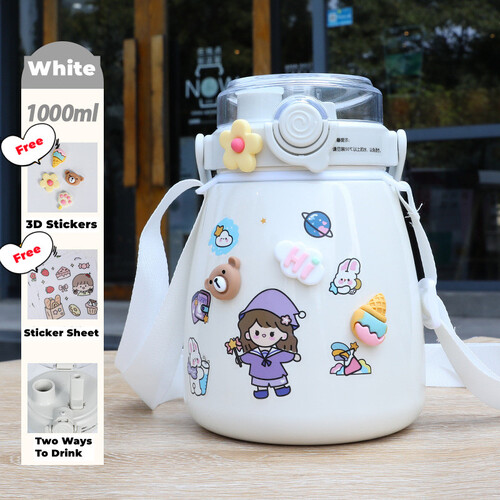 1000ml Large Water Bottle Stainless Steel Straw Water Jug with FREE Sticker Packs