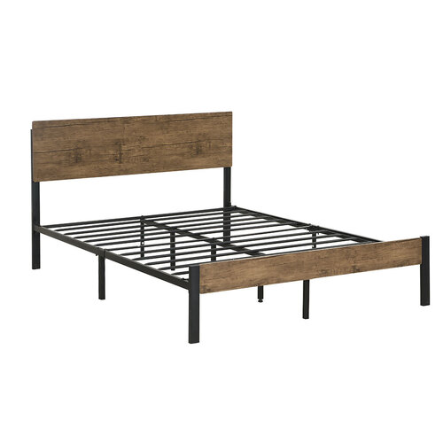 Adrian Metal Bed Frame Mattress Base Platform Wooden Headboard Brown