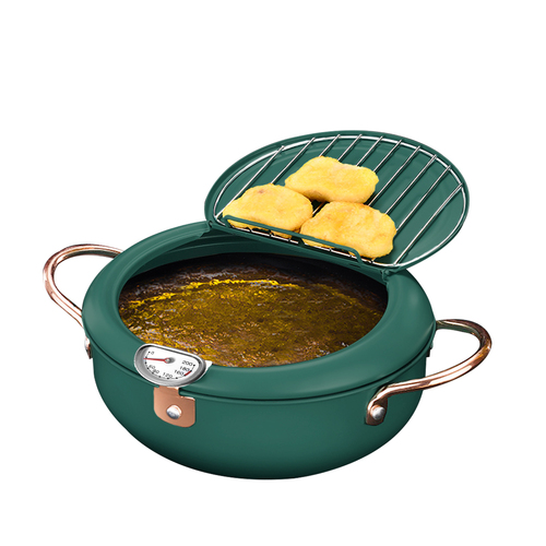 Japanese Deep Frying Pot with Thermometer Non-stick Tempura Fryer Pan Green