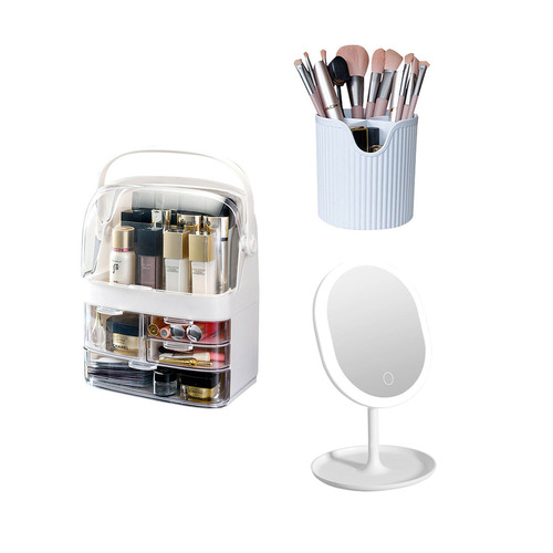 3 Tier Countertop Cosmetic Makeup Brush Lipstick Holder Organiser and 20cm Rechargeable LED Light Tabletop Mirror Set