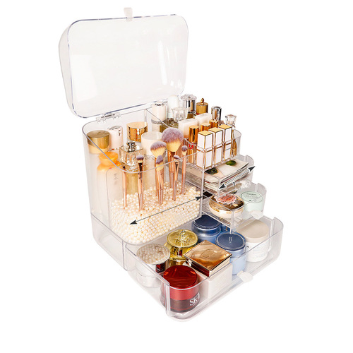 Transparent Cosmetic Storage Box Clear Makeup Skincare Holder with Lid Drawers Waterproof Dustproof Organiser with Pearls