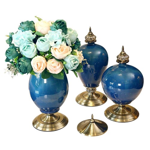 3x Ceramic Oval Flower Vase with Blue Flower Set