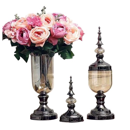 2 x Clear Glass Flower Vase with Lid and Pink Flower Filler Vase Set