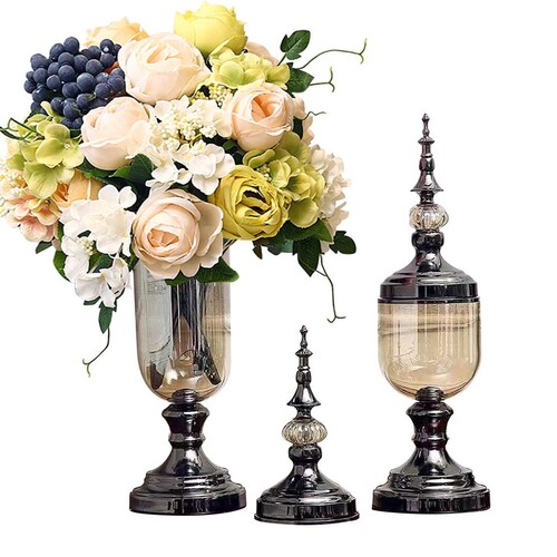 2 x Clear Glass Flower Vase with Lid and White Flower Filler Vase Set