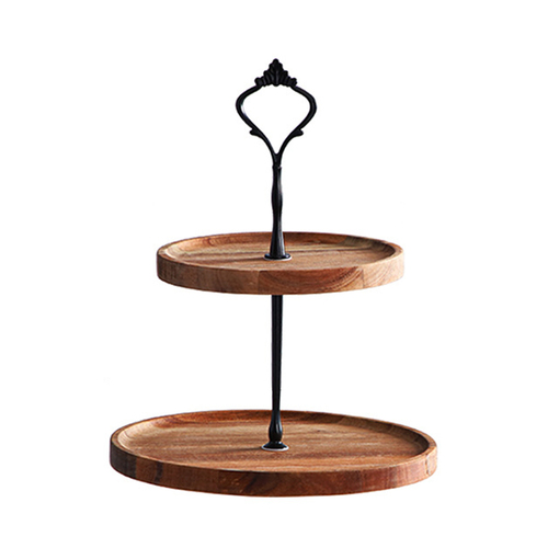 2 Tier  Brown Round Wooden Acacia Dessert Tray Cake Snacks Cupcake Stand Buffet Serving Countertop Decor