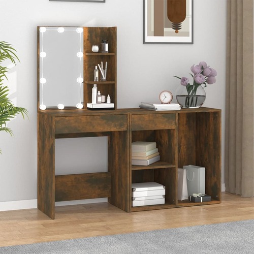 LED Dressing Table with Cabinet Smoked Engineered Wood