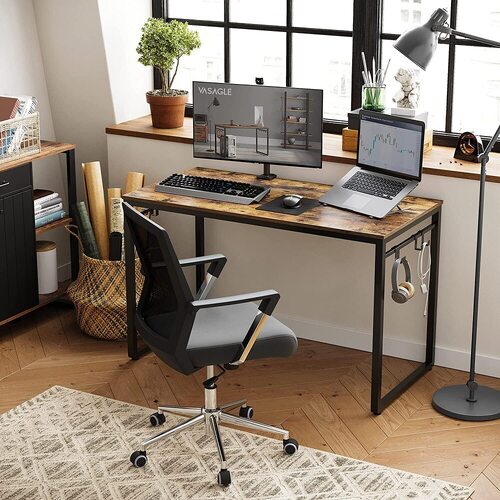 VASAGLE Computer Desk Writing Desk with 8 Hooks Rustic Brown and Black