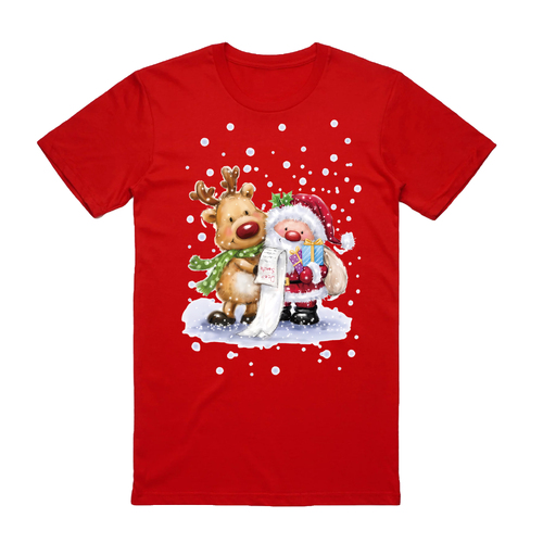 100% Cotton Christmas T-shirt Adult Unisex Tee Tops Funny Santa Party Custume, Reading Santa (Red)