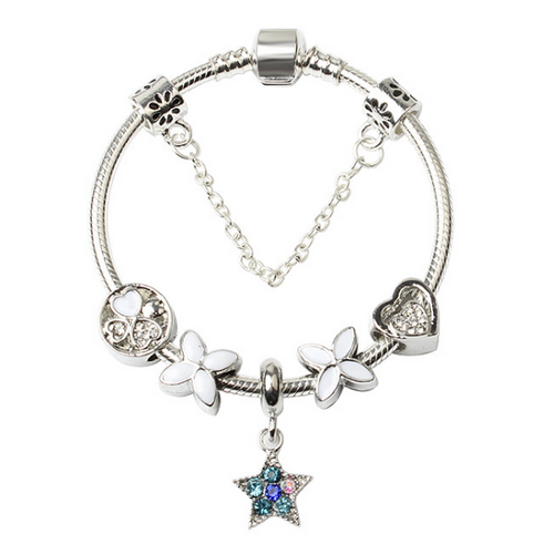 Women Silver Plated Bracelet Snake Chain with Classic Bead Barrel Clasp and Blue Star Pendant