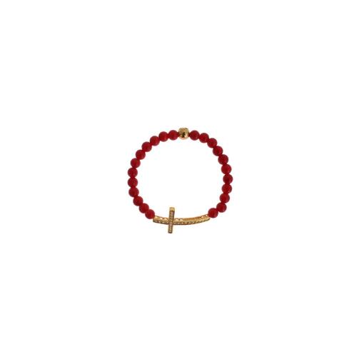 Authentic NIALAYA Gold Plated Silver Bracelet with Red Coral Beads and CZ Diamond Cross Women