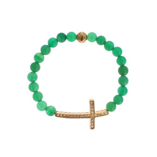 NIALAYA Green Jade Bead Bracelet with CZ Diamond Cross Women