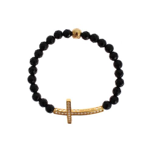 NIALAYA Gold Plated Sterling Silver Bracelet with Agate Stone and CZ Diamond Cross Women