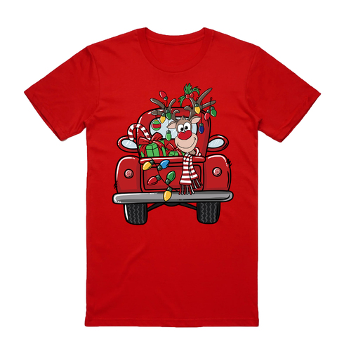 100% Cotton Christmas T-shirt Adult Unisex Tee Tops Funny Santa Party Custume, Car with Reindeer (Red)