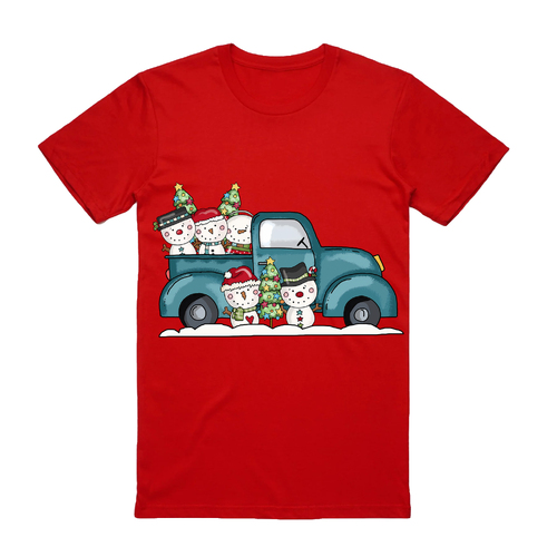 100% Cotton Christmas T-shirt Adult Unisex Tee Tops Funny Santa Party Custume, Car with Snowman (Red)