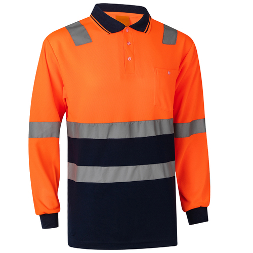 HI VIS Long Sleeve Workwear Shirt w Reflective Tape Cool Dry Safety Polo 2 Tone, Fluoro Orange / Navy